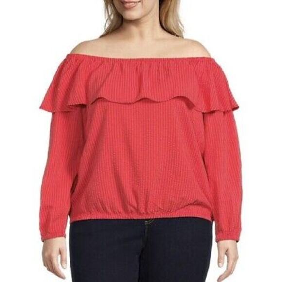 Michael Kors Coral Off Shoulder Ruffle Peasant Top Plus Size 2X - Picture 1 of 9